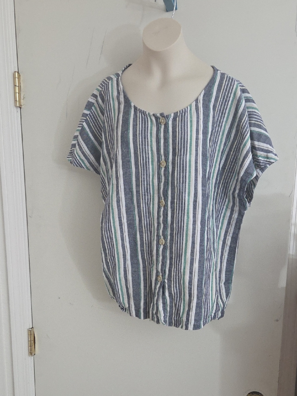 Liz Claiborne Blue, White & Green Striped Button-Front Top